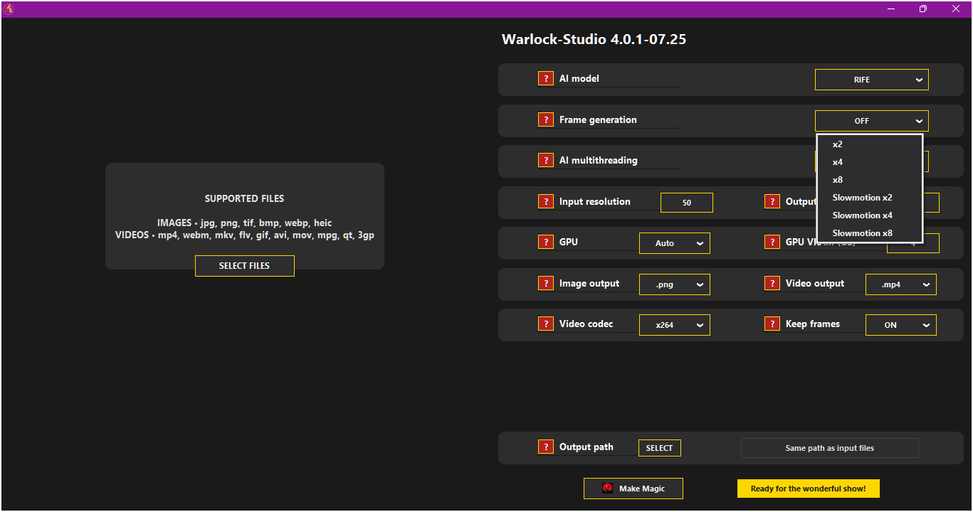 Screenshot of Warlock-Studio showing RIFE options