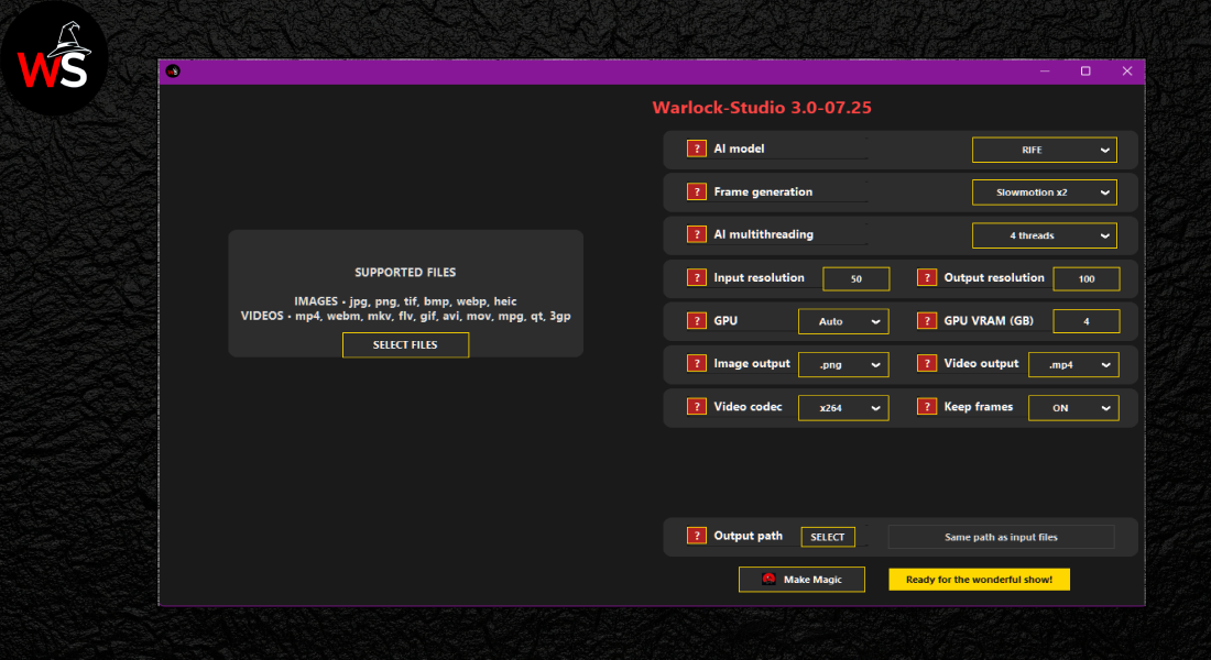 Screenshot of Warlock-Studio showing RIFE options
